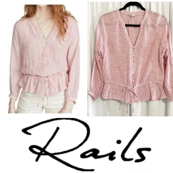 Rails Stripped Red Linen Button Shirt Size XS Pearl Buttons Oversized - Picture 1 of 6